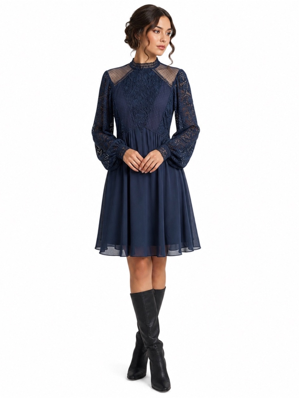 SUNDANCE Navy Blue Lace Chiffon Dress Small Boho Prairie Romantic Long Sleeve